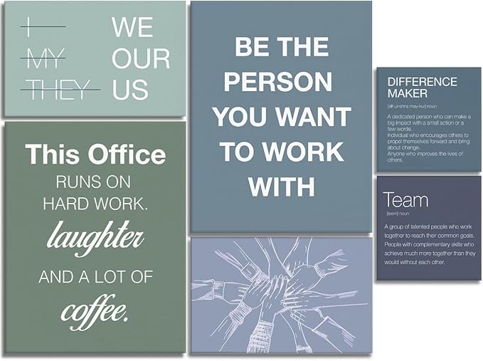 YEOION Motivational Office Wall Art,Inspirational Teamwork Wall Art for Office,Light Blue and Green Positive Teamwork Wall Decor for Workplace Set of 6