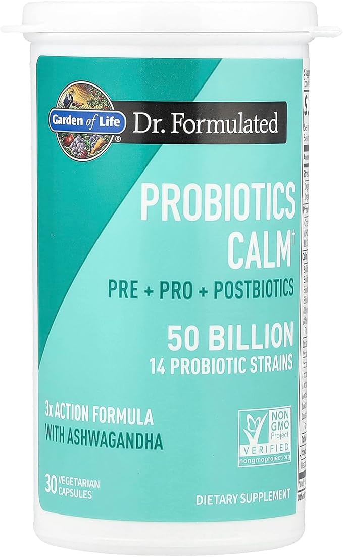 Garden of Life Dr Formulated Calm Daily 3-in-1 Complete Probiotics, Prebiotics & Postbiotics with Ashwagandha - PRE + PRO + POSTBIOTIC Supplement for Immune, Digestive & Mood Support - 30 Day Supply