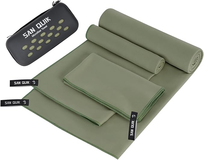Quick Dry Camping Towel with EVA Case, Microfiber Travel Towel 3 Size at 1 Pack, Super Absorbent Lightweight Fast Drying Towel Set for Beach, Gym, Sports, Backpacking, Yoga & Swimming Pool, Army Green