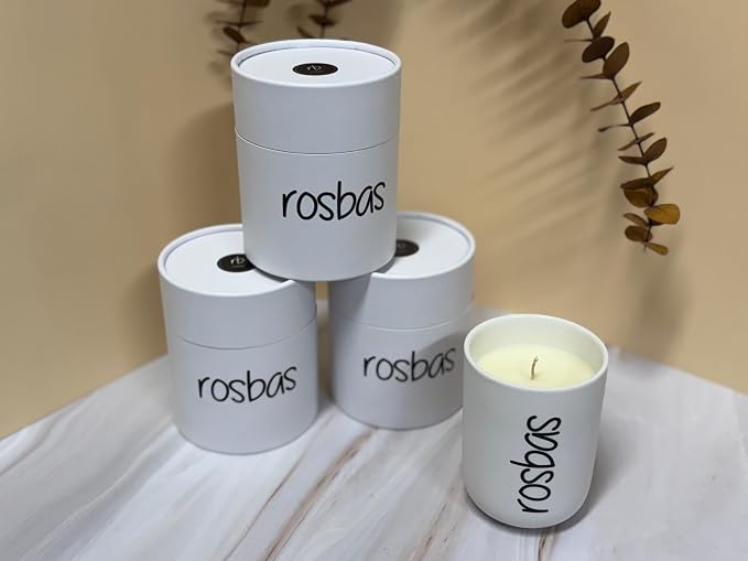 rosbas Cinnamon Vanilla Soy Wax Candle - 8 oz in Ceramic Jar – Clean Burning, Long Lasting, Boxed, Home Fragrance, White, Made in USA