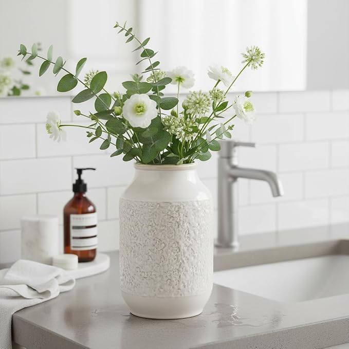 White Ceramic Vase, Minimalist White Vases for Flowers, Modern Decorative Vase for Home Decor, Centerpiece Wedding Dining Living Room Kitchen Decor 9 inch