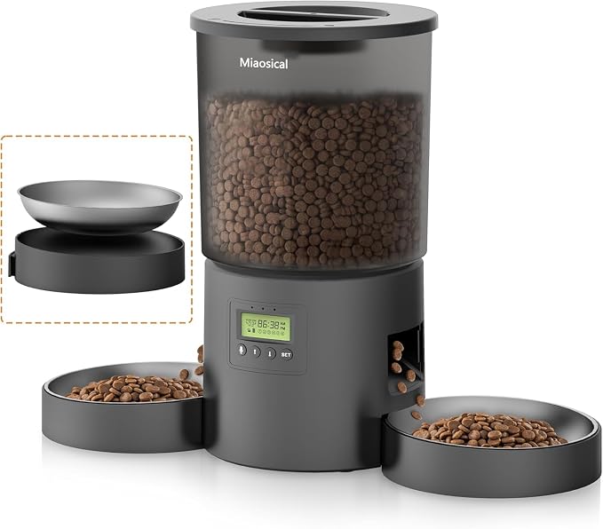 Dual Automatic Cat Feeder 2 Cats, 4.2L Dry Food Auto Dispenser with Double Stainless Steel Bowls,Dual Power Supply,Programmable Portion Control,10s Voice Recorder (Transparent Black)