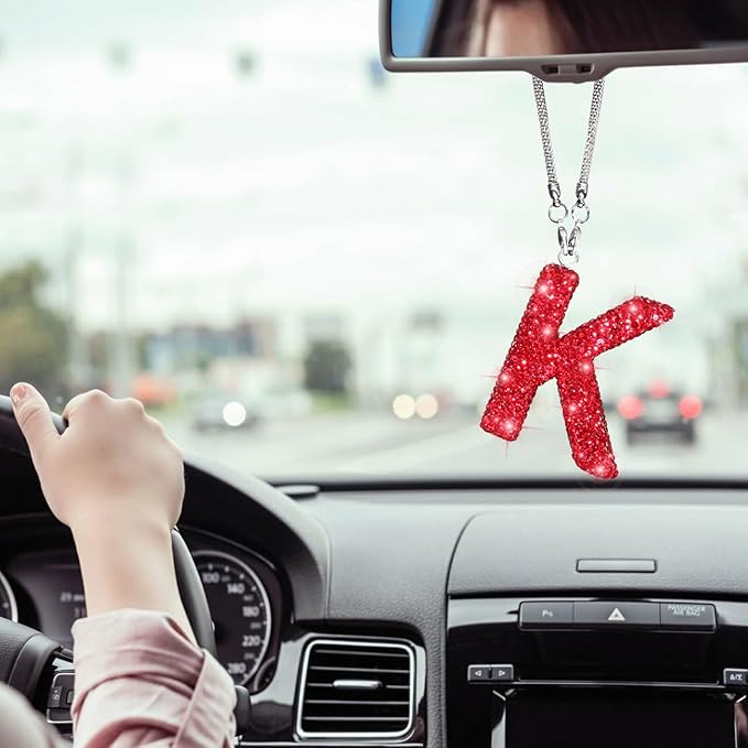 Red Rear View Mirror Hanging Accessories, Crystal Diamond Rhinestone Car Ornament Letter K, Cute Lucky Rhinestone Car Accessories for Women (Red,K)