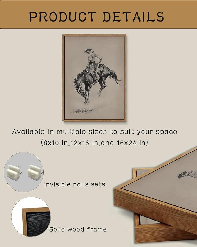 ZZLWBKGL Western Wall Decor Bronco Buster Canvas Art Cowboy Framed Wall Art | Vintage Artwork Farmhouse Picture Retro Country West Paintings for Living Room Bedroom 16x24in