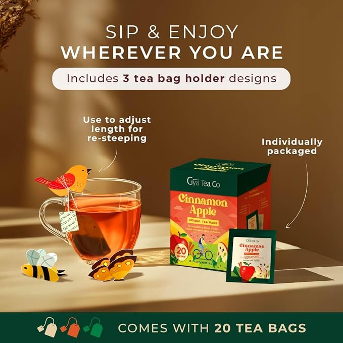 Gya Tea Co Apple Cinnamon Herbal Tea Bags (20 Bags) - Caffeine Free with a Tangy Flavor for All Day Comfort, Calming, Relaxing & Nourishing - Fruit & Herbal Blends