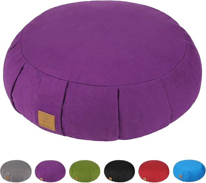 Round Zafu Meditation Cushion, D=15" H=5.5" Zabuton Meditation Pillow, Yoga Bolster/Pillow, Floor seat, Zippered Organic Cotton Cover, Natural Buckwheat, Kneeling Pillow