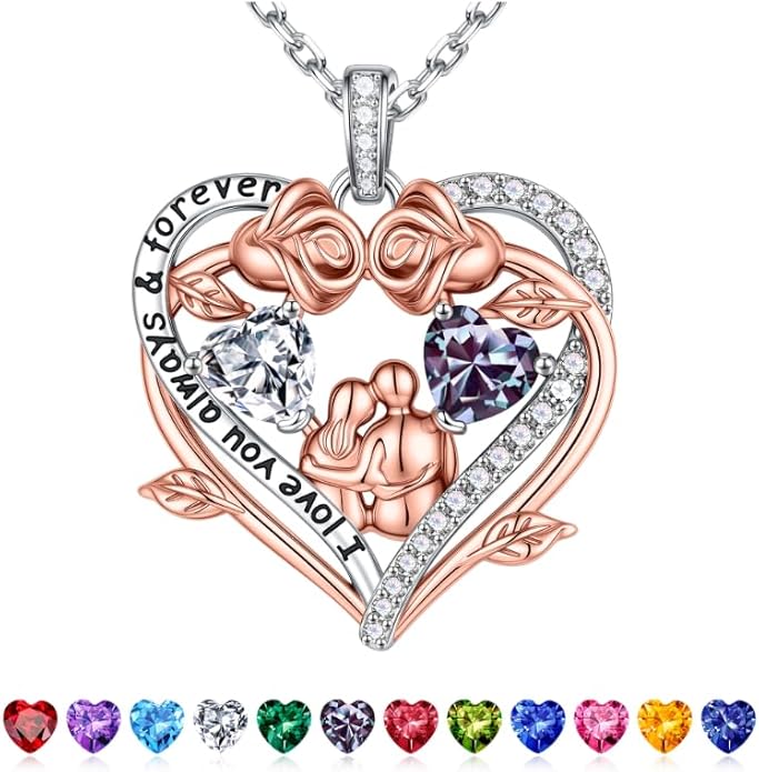 Iefil Valentines Gifts for Her Wife - 925 Sterling Silver Double Heart Birthstone Necklace, Anniversary Birthday Gifts for Women Wife Girlfriend