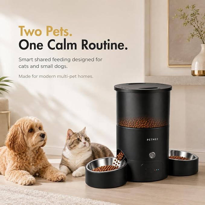 3L Cat Treat Dispenser with Dual Stainless Steel Cat Bowls - Quiet Automatic Cat Feeder for 2 Cats with App Control, 2 Way Audio, Dual Power Options, Self-Feeding Cat Food Dispenser - Black