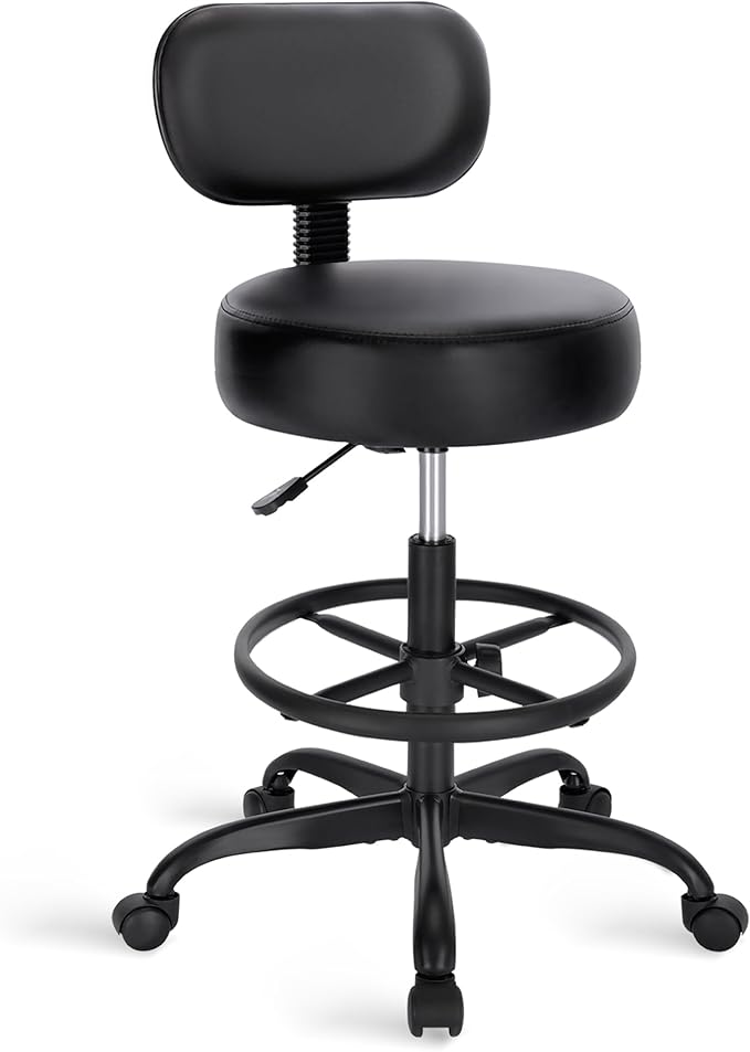 SUPERJARE Drafting Chair with Back, Adjustable Foot Rest Rolling Stool, Multi-Purpose Office Desk Chair, Thick Seat Cushion for Home Bar Kitchen Shop - All Black 7205DD