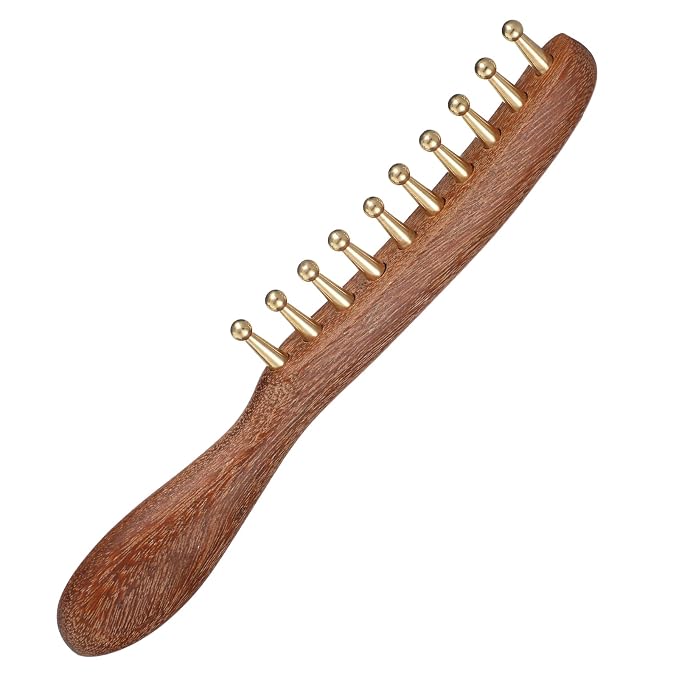 YUXIANLB Copper Sandalwood Wide Tooth Massage Comb, Rounded Bristles | meridian, acupuncture, gua sha tool, detangling sandalwood, reduces frizz and static, for hair growth scalp body relaxation