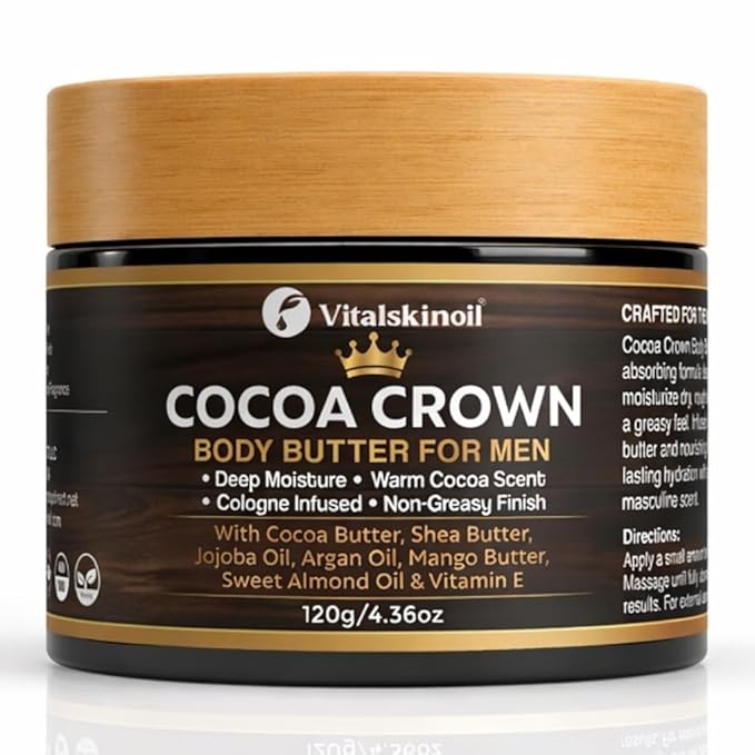 Body Butter for Men, Cocoa Crown Cologne Infused Moisturizer with Cocoa Butter, Shea Butter, Jojoba Oil, Argan Oil, Mango Butter, Sweet Almond Oil & Vitamin E, 4.36oz