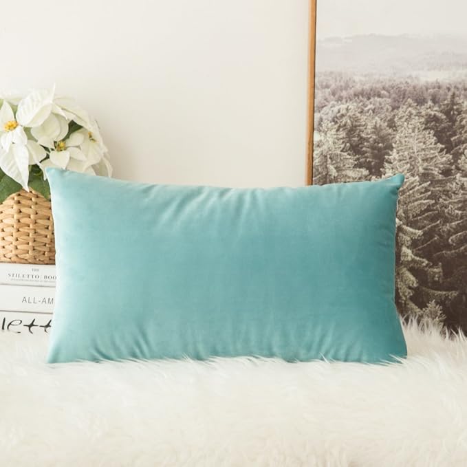 MIULEE 12x20 Inch Lumbar Velvet Throw Pillow Cover Set of 1 Aqua Green | Soft Luxury Decorative Throw Pillow Cover, Single Rectangle Cushion Case, Home Decor for Chair Couch Sofa Bedroom Car Bed