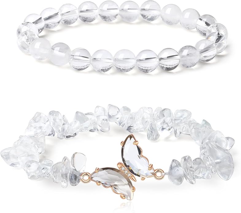 DUQGUHO 2Pcs Butterfly Bracelets for Women Healing Crystals Bracelets for Women Natural Gemstone Bead Bracelet Cute Butterfly Charm Bracelet Stretch 8mm Crystal Jewelry Gifts for Women
