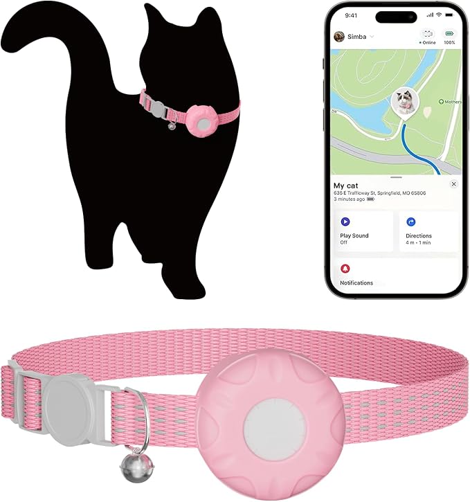 Cat Tracker, GPS Tracker Compatible with Apple Find My App(Only iOS), Waterproof Cat Tracker Collar with Bell and Safety Elastic Buckle, No Monthly Fee, Pet Trackers for Vehicles, Pets, Kids (Pink)