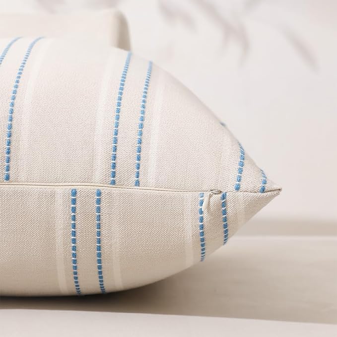 Hckot Striped Throw Pillow Covers 18x18 Set of 2 Lake Blue Pillow Covers | Farmhouse Decorative Pillows Textured Linen Square Cushion Covers for Sofa Couch Bed Living Room Decor(Lake Blue)