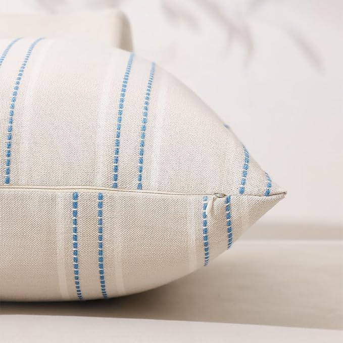 Hckot Striped Throw Pillow Covers 20x20 Set of 2 Lake Blue Pillow Covers | Farmhouse Decorative Pillows Textured Linen Square Cushion Covers for Sofa Couch Bed Living Room Decor(Lake Blue)