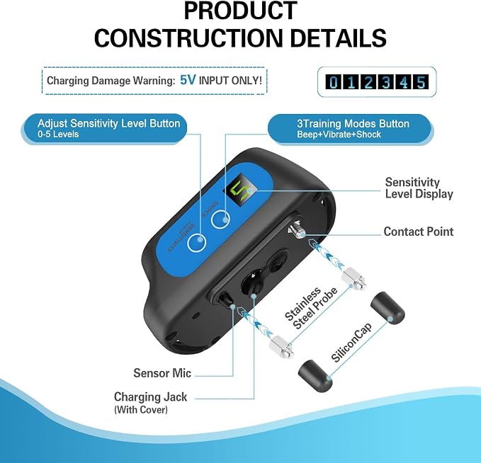Dog Bark Collar for Large Medium Small Dogs, Rechargeable Smart Bark Collar, Anti Barking, Humane Dog Training Device with 5 Adjustable Sensitivity Beep Vibration (Blue)