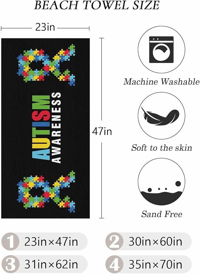 YOUNGKIDS Abstract Retro Large Beach Towels - 30x60in Microfiber Beach Towels Autism Awareness Jigsaw Blocks Pieces Black Quick Dry Lightweight Beach Pool Towel for Travel Camping Yoga