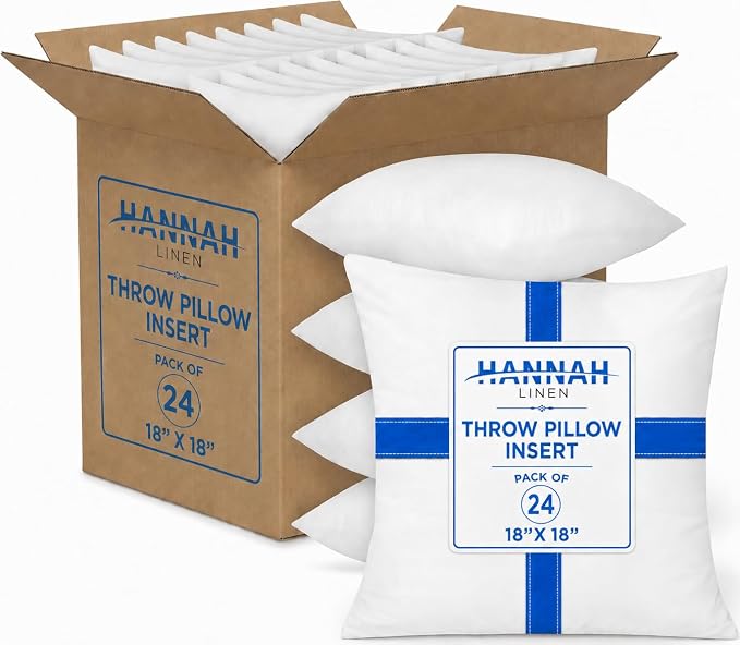 Hannah Linen Throw Pillow Inserts 18x18 – 24 Pack Square Decorative Pillow Insert for Couch, Sofa & Bed, Soft Fluffy Polyester Filled Cushion Stuffers, Indoor Home Decor Pillows