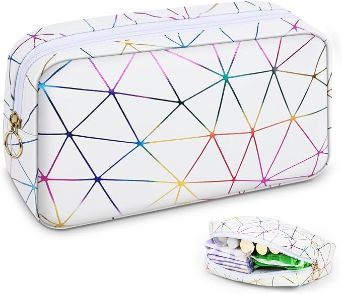 Tampon Holder for Purse Period Bag Waterproof Geometric PU Sanitary Napkin Storage Bag Portable Menstrual Cup Pad Pouch Cute Makeup Bag Feminine Gift Vibrant White