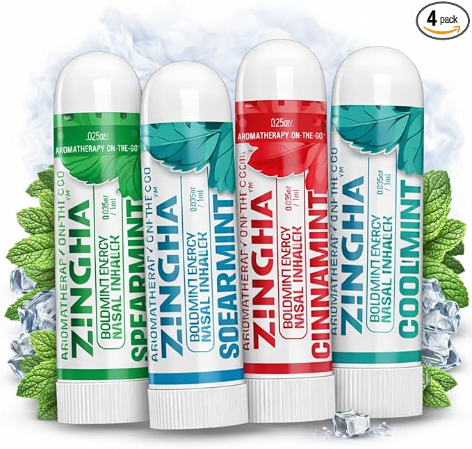 Z!NGHA Natural Aromatherapy Nasal Inhaler Stick for Sinus Relief, Focus & Stress Relief | Portable Dual-Hole Essential Oil Blend (4PK, Mint Mix)