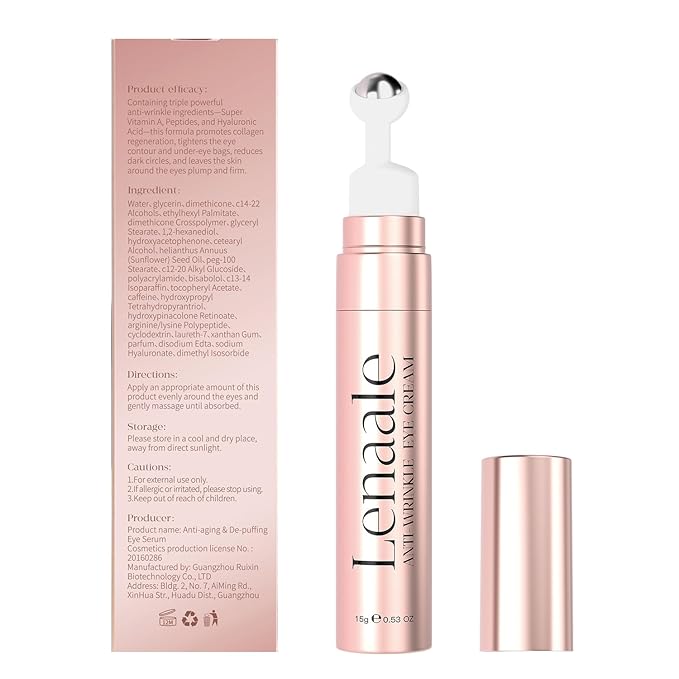 Eye Cream Anti Aging Under Eyes Cream Dark Circles with Super Vitamin A, Peptides & Hyaluronic Acid, Eye Serum With 360° Roller Massage Ball for Puffiness and Bags 0.5 oz