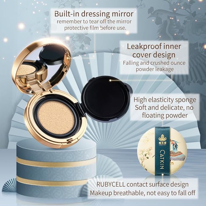 Catkin Phoenix Cushion Foundation Buildable Coverage Anti-Aging Serum Makeup, Sheer Satin Finish, Refill Included, Light Beige 0.46 Oz x 2, C02 IVORY
