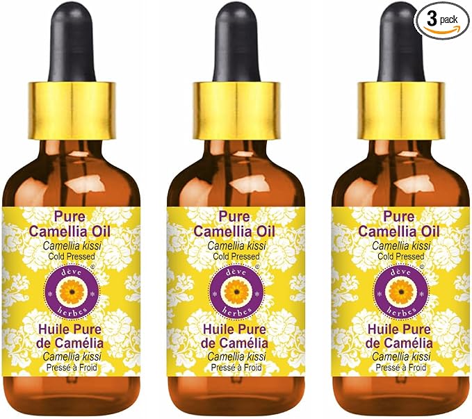 Deve Herbes Pure Camellia Oil (Camellia kissi) 100% Natural Therapeutic Grade Cold Pressed (100ml X 3 (10 Oz) with Glass Dropper)