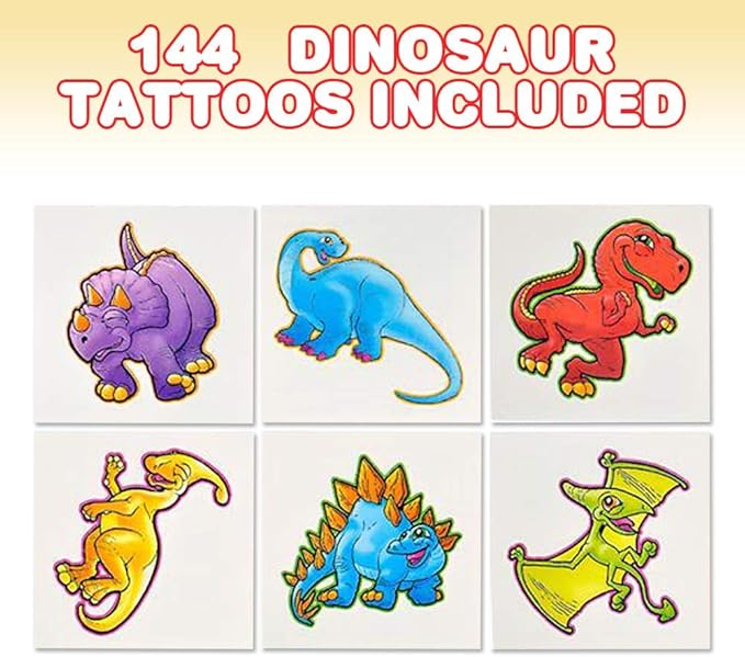 ArtCreativity Dinosaur Individual Temporary Tattoos for Kids, Bulk Pack of 144, Non-Toxic 2 Inch Pre-Cut Dino Tattoos, Dinosaur Birthday Party Favors and Goodie Bag Stuffers for Boys and Girls