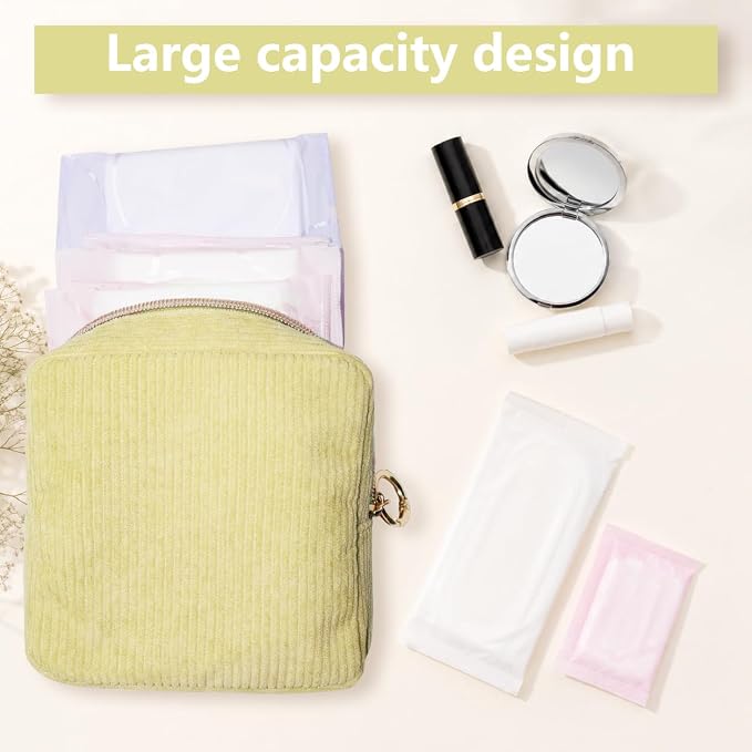 Period Bag for Girls, Corduroy Period Kit with Sanitary Pad Pouch, Menstrual Storage Bag and Tampon Holder for Purse, Girls School Essentials,Feminine Care Organizer(Green)