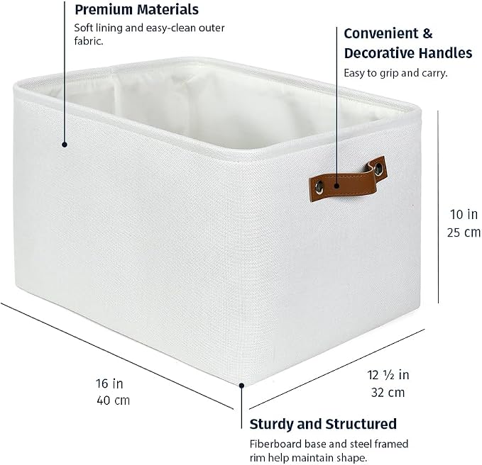 OrganiHaus 16x12.5in Storage Baskets, 3 Pack - Fabric Bins for Shelves | Vegan leather handles; a decorative linen closet organizer, towel and clothes container