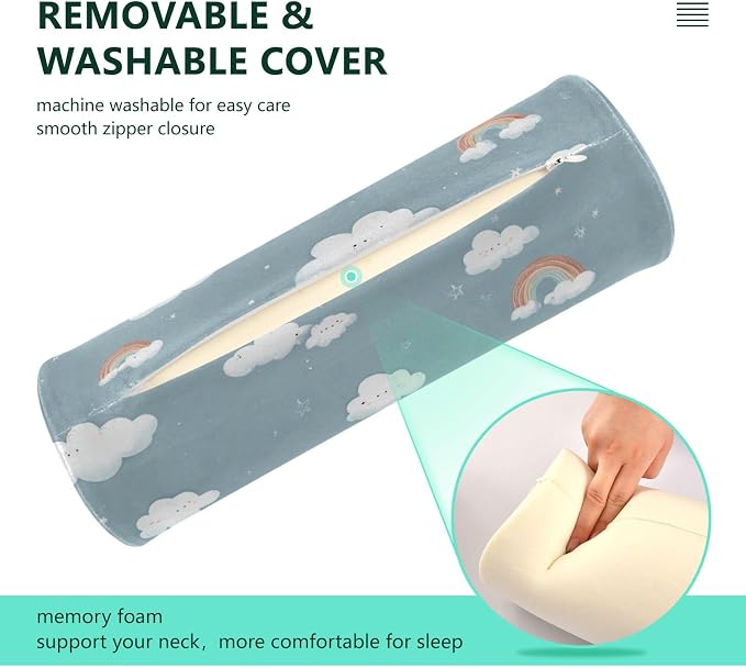 Clouds Stars Rainbows Blue Neck Roll Pillow Bolster Round Health Memory Foam Long Cervical Cylinder Pillows with Removable Washable Cover for Body Bed Legs Back Yoga