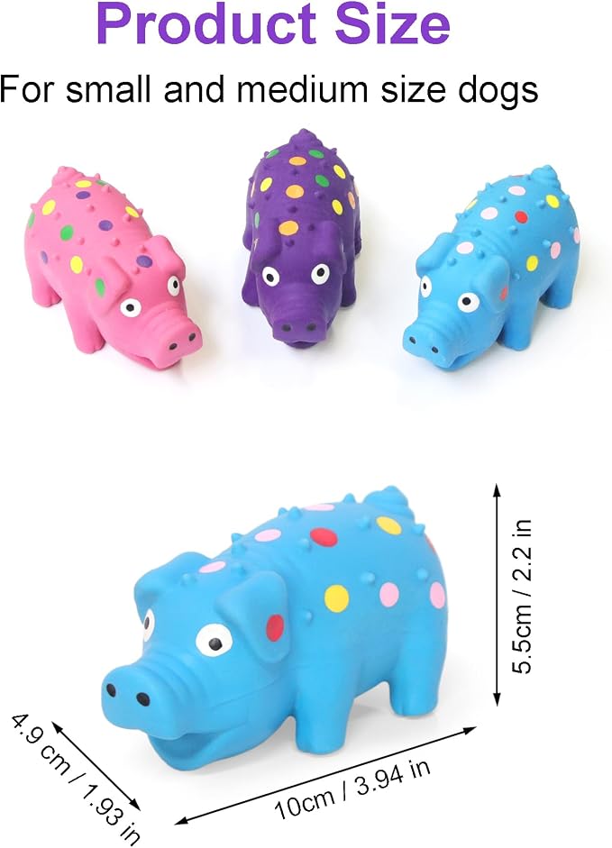 Squeaky Pig Dog Toys 3-Pack, Interactive Latex Piggy Chew Toys Set with Squeak Sounds for Teething Puppy, Small, Medium Dogs (Blue+Pink+Purple)