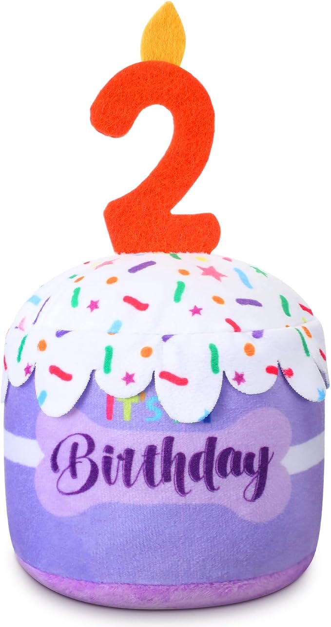 Dansydaisy Dog Birthday Cake Toy Squeaky Plush Gift,2nd,Purple