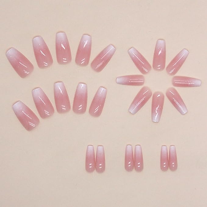 Hkanlre Bling Coffin Press on Nails Fake Nails Tips Full Cover Medium False Gradient Nails for Women and Girls 24PCS (Coffin pink)