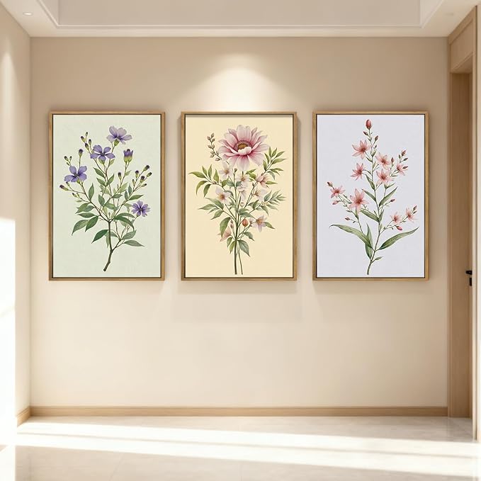 ANHUIB Boho Floral Canvas Wall Art, Framed Minimalist Beige Wildflower Wall Decor, Neutral Botanical Painting 16x24 Inch Set of 3 for Living Room Bedroom Dining Room