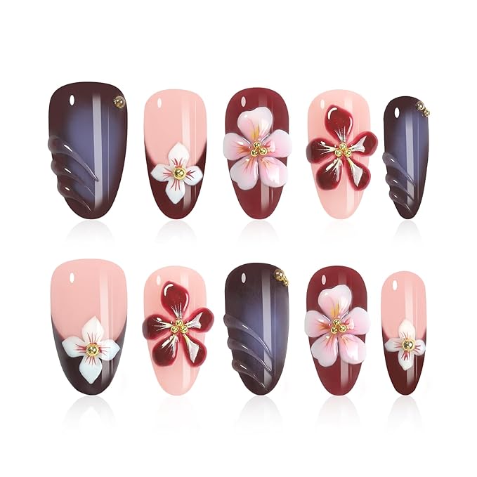 Handmade Press On Nails Almond - 3D Flowers Rhinestone Design Short Fake Nails with French Tips, Salon-Quality Reusable, 10Pcs Includes Adhesive Pads & Nail File, Women's Fall/Winter Gift