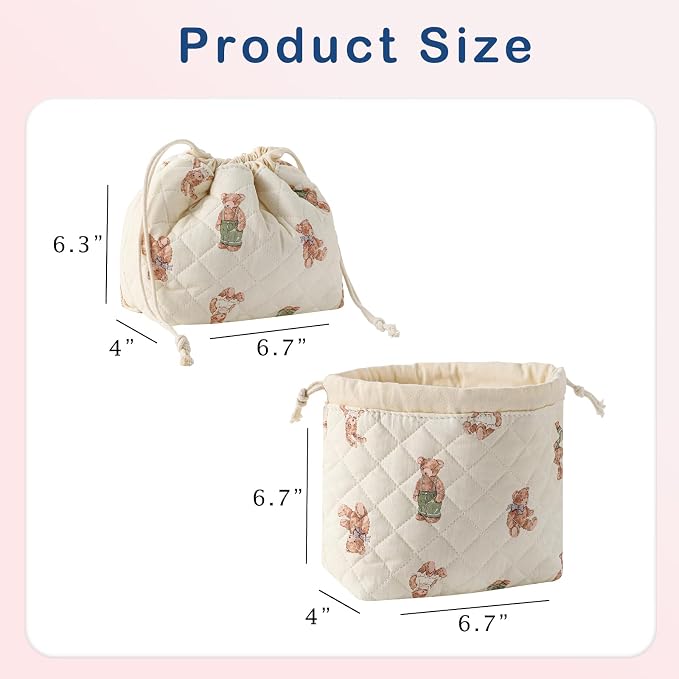 Cotton Quilted Drawstring Makeup Bag with Canvas Lining,Coquette Aesthetic Cute Travel Toiletry Bag,Drawstring Gift Bag for Women and Girls（04White Bear）