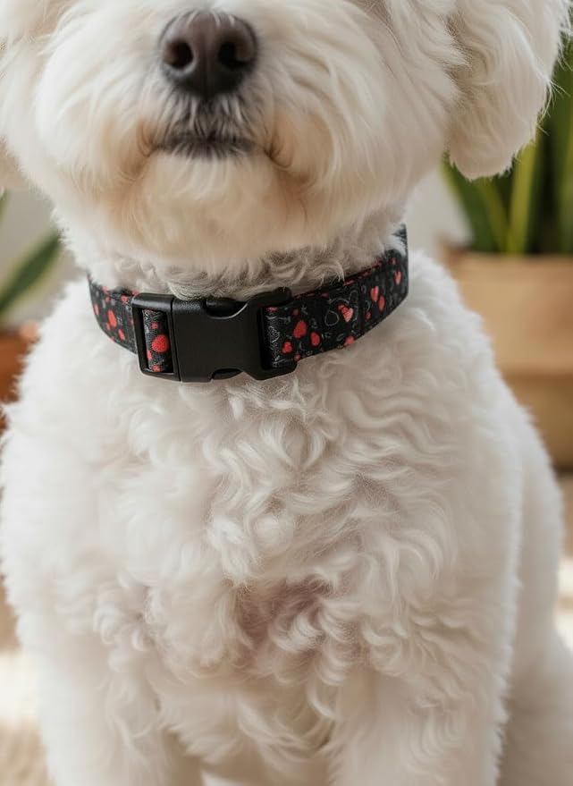 Small Dog Collar, Girl Dog Collar with Red Hearts, Adjutable Collar for Small Boys Girls Dogs with Quick Release Buckle, Soft Fabric
