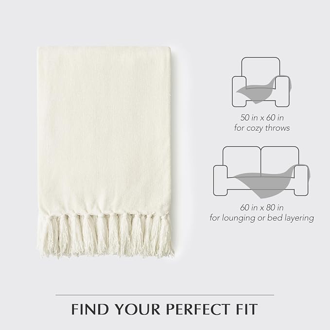 Chenille Knit Throw Blanket for Couch, 60"x80", Ivory White | Cozy Plush Fuzzy Knittd Throw with Tassels, Lightweight, Decorative, Farmhouse Decor, Ideal for Bed Sofa Gift, All Seasons