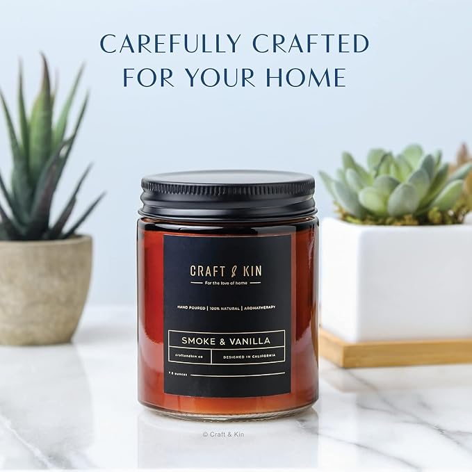 Craft & Kin Premium Smoke & Vanilla Scented Candle – Long Lasting, 45 Hour Burn Time – Luxury Natural Soy Scented Candle – Room Decor and Aromatherapy – 8 oz