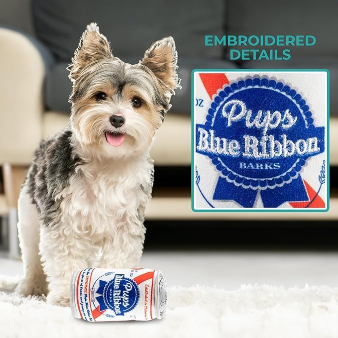 Haute Diggity Dog Pups Blue Ribbon Beer Can Plush Dog Toy, Drink Parody Toy
