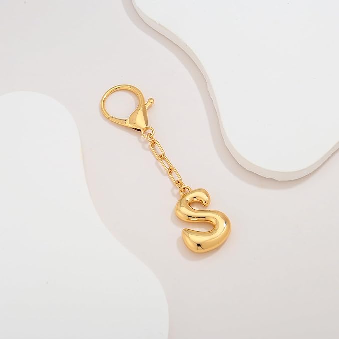 WOWORAMA Initial Letter Keychain for Women Chunky Gold Bubble Letter Bag Charm Purse Charm Personalized Keyrings Accessories