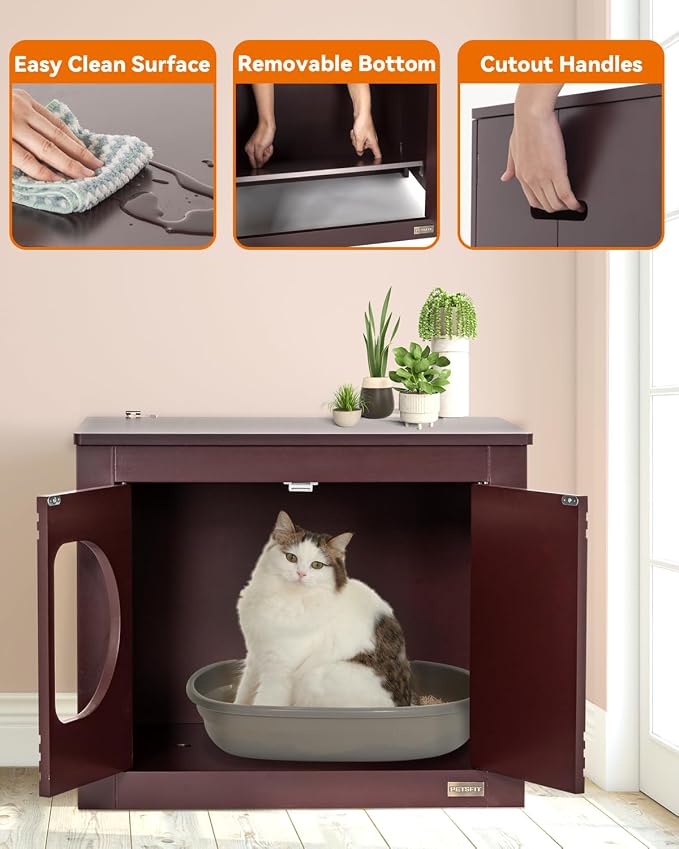 PETSFIT Cat Litter Box Enclosure, Unfold to Use, No Assembly Needed, Cat House & End Table, Fits Most Boxes (Espresso)