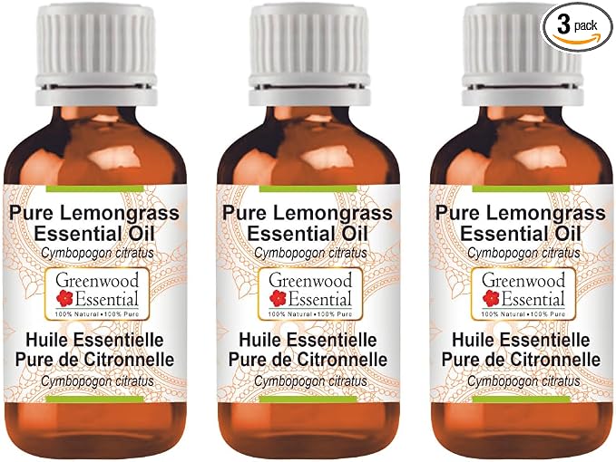 Greenwood Essential Pure Lemongrass Essential Oil (Cymbopogon citratus) Steam Distilled (Pack of Three) 100ml X 3 (10.1oz)