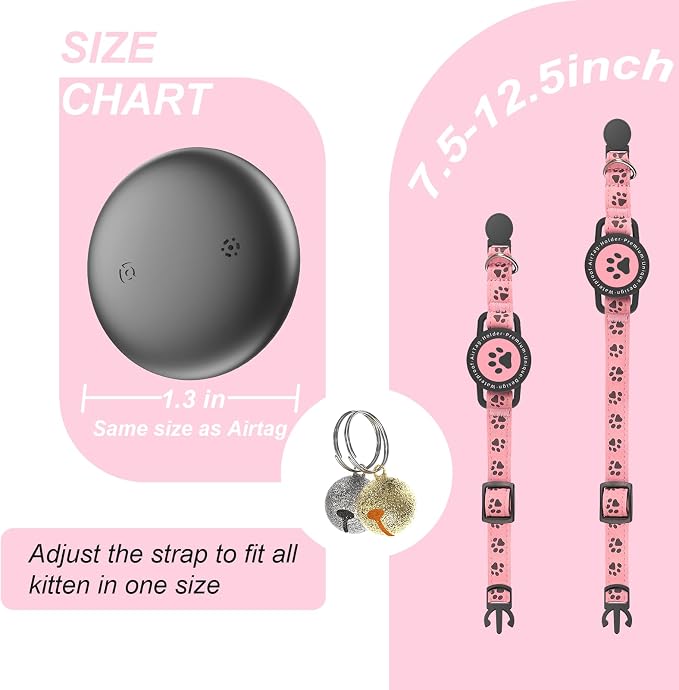 GPS Cat Tracker Collar (iOS & Android), No Monthly Fee GPS Dog Tracker Pink | Mini Bluetooth Smart Anti-Lost Pet Finder Tag Works with Apple Find My & Google Find Hub