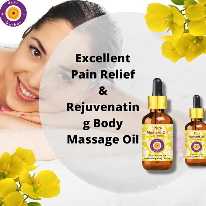 Deve Herbes Mustard Oil (Brassica juncea) with Glass Dropper | Cold Pressed | Pure | Natural | for Diluting Essential Oils | Hair, Skin & Massage | Non-Sticky| Lightweight| Unisex | 50ml (1.69 oz)