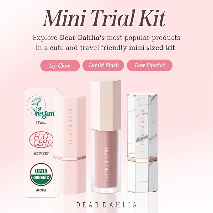 DEAR DAHLIA Vegan Makeup Mini Trial Kit | Petal Drop Liquid Blush Mini & Paradise Sensual Lip & Paradise Sheer Dew Lipstick - Weightless Buildable Blush | Natural Glow Lipsticks.