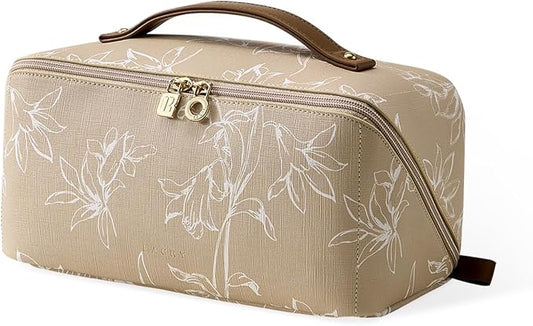 EACHY Travel Makeup Bag, Large Capacity Cosmetic Bags for Women, Waterproof Portable Pouch Open Flat Toiletry Bag Pattern Makeup Bag (F-Brown)