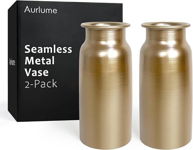 Set of 2 Champagne Gold Seamless Metal Flowers Vase Decor, 10.8" Tall Modern Matte Gold Floral Vase Pair, Shatterproof Leakproof, Elegant Home Decor Centerpiece for Table, Mantle, Shelf